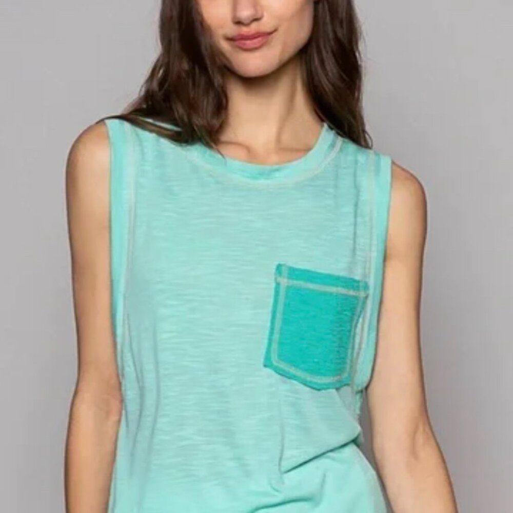 POL Stitch-back Slub & Ribbed Pocket Muscle Tank Aqua Size Small - Picture 2 of 8